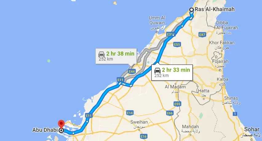 taxi fare from Ras Al Khaimah to Abu Dhabi